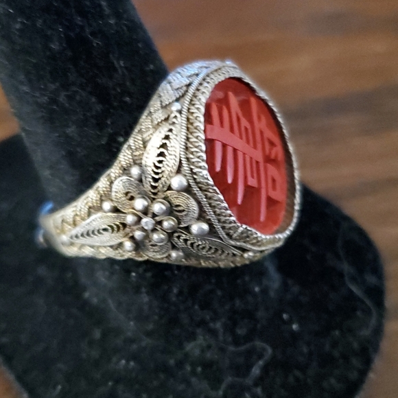 ANTIQUE STERLING SILVER  CORAL  RING - Picture 2 of 8